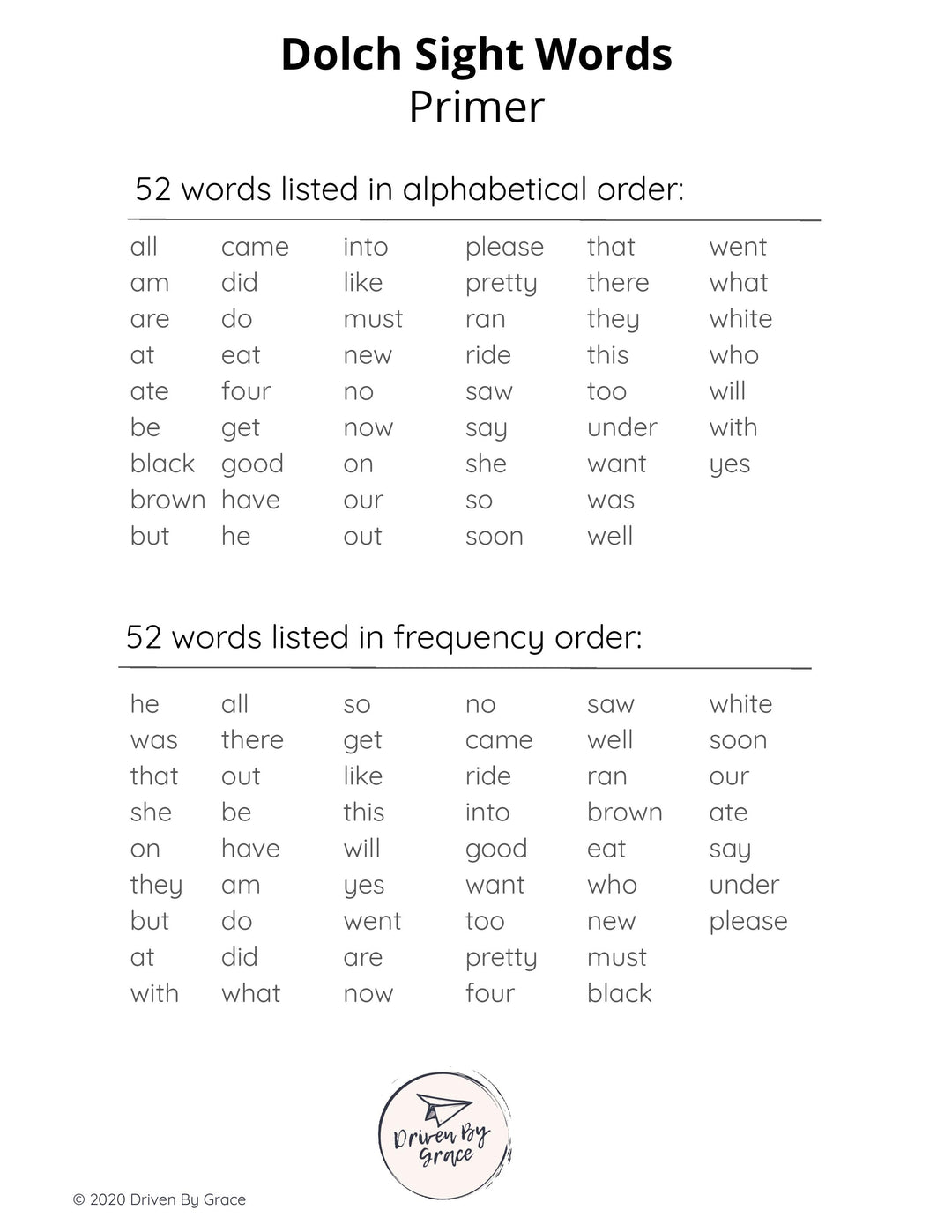 Kindergarten Sight Words