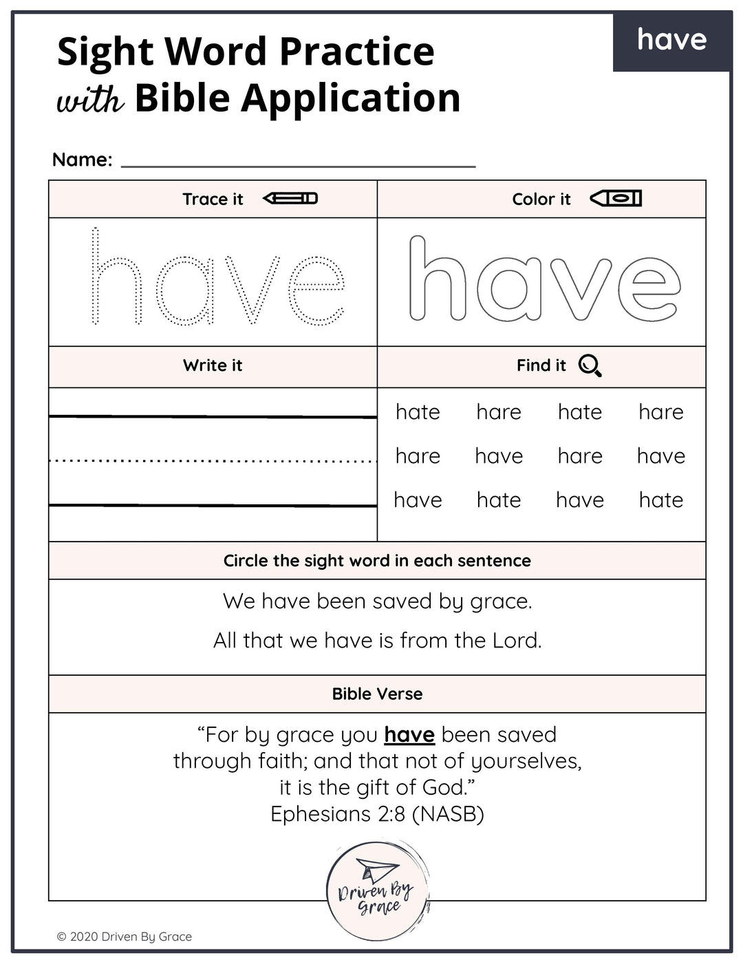 Kindergarten Sight Words