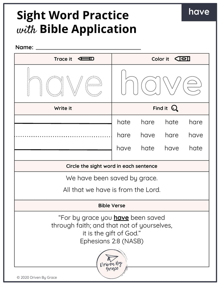 Kindergarten Sight Words