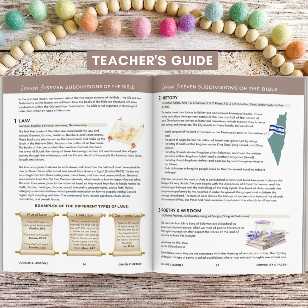 Foundations of the Bible Teacher's Guide by Driven by Grace. Pairs with Classical Conversations cycle 3 Bible memory work.