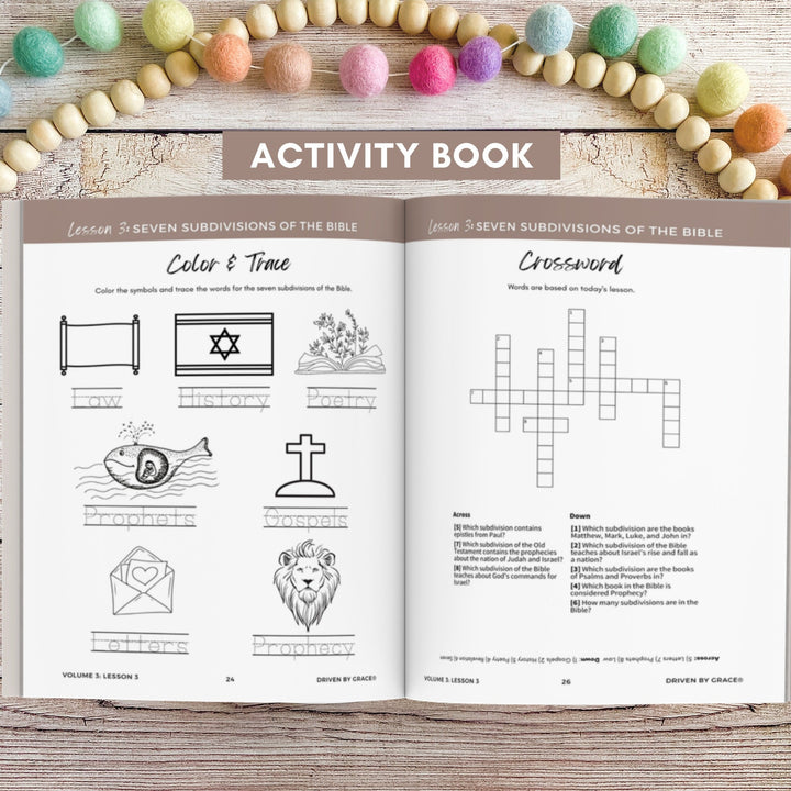 Foundations of the Bible Activity Book by Driven by Grace. Pairs with Classical Conversations cycle 3 Bible memory work.